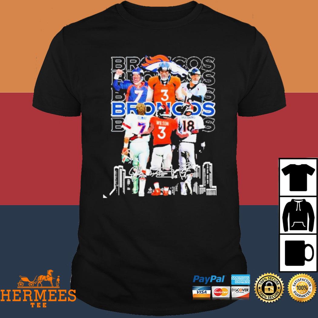 Denver broncos 7 john elway 3 russell wilson 18 peyton manning signatures  shirt, hoodie, sweater, long sleeve and tank top