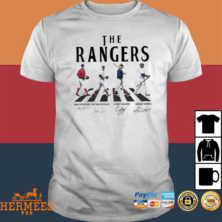 Texas Rangers Shirt Rangers Walking Abbey Road Signatures Shirt Max  Scherzer Corey Seager Adolis García Nathan Eovaldi - Trendingnowe